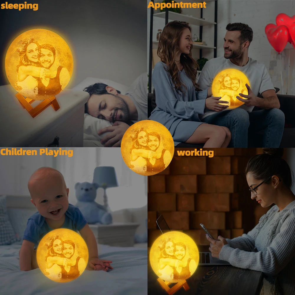 Gepersonaliseerde 3D-geprinte maanlamp met foto en tekst, USB-nachtlampje voor verjaardag, Moederdag, Valentijnsdag en Kerstmis