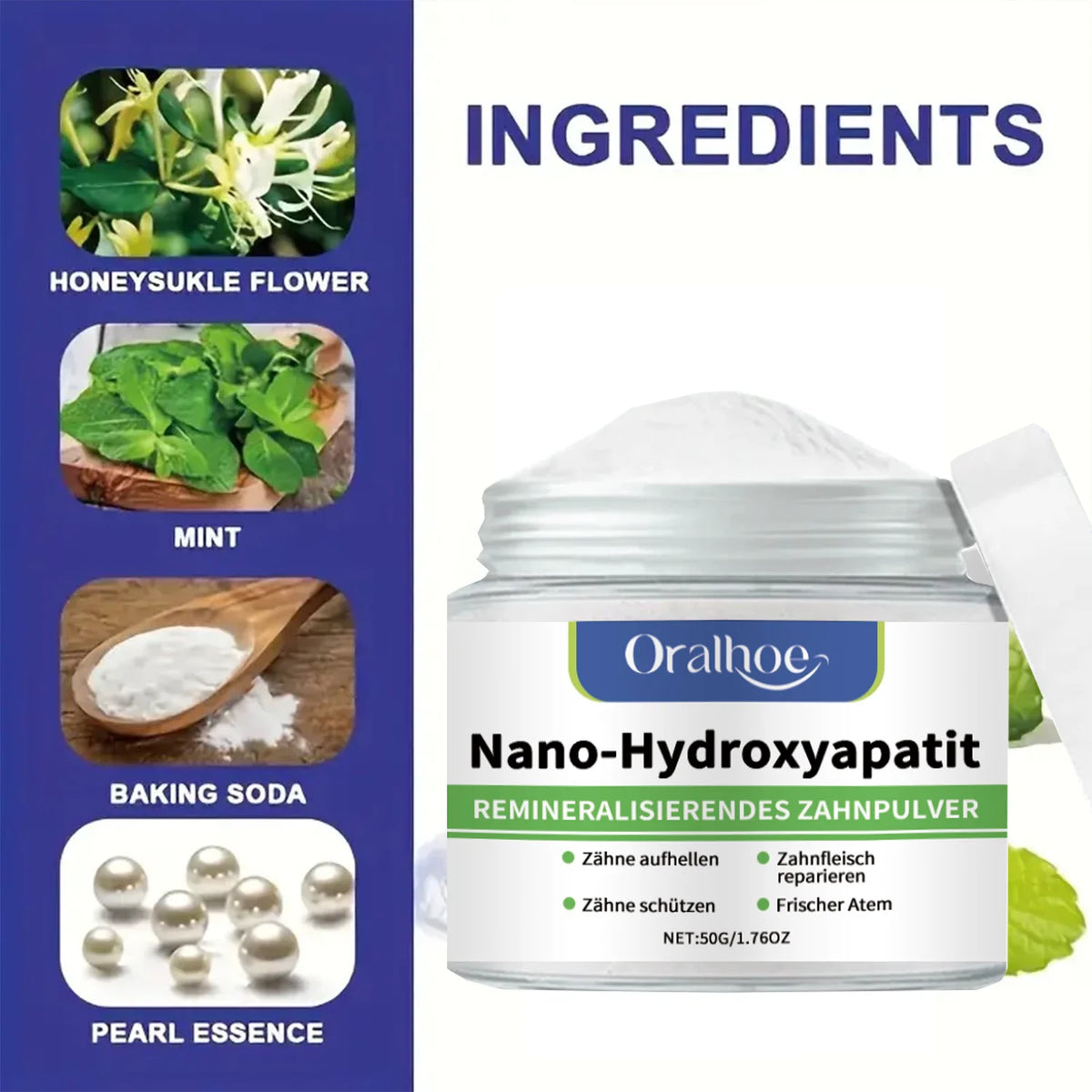 Tandenbleekpoeder met 10% hydroxyapatiet, remineralisatie, frisse muntsmaak en glazuurherstel