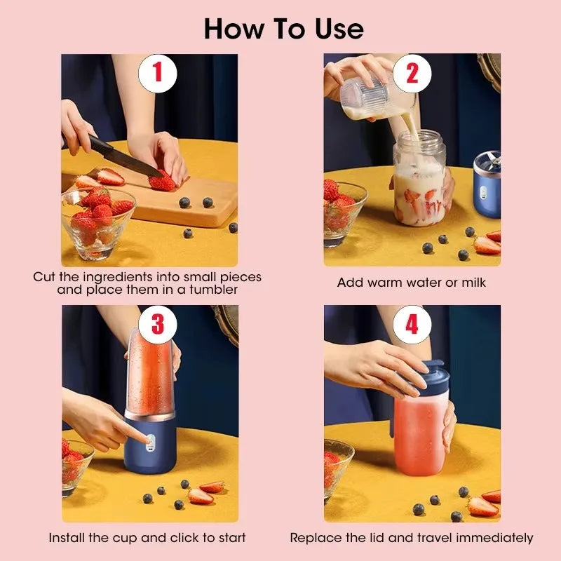 Draagbare elektrische mini-blender voor vruchtensap, USB-oplaadbaar, 6 messen, sapbeker voor thuis en in de keuken