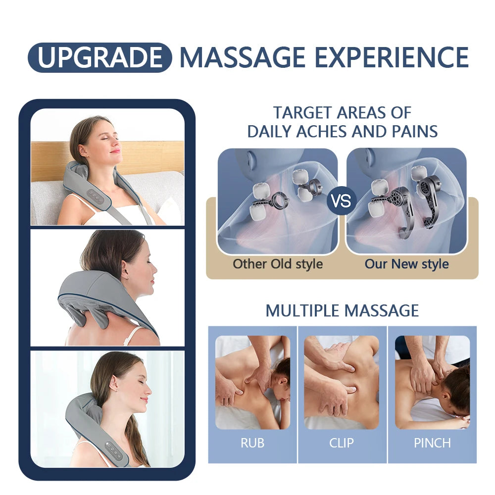 USB oplaadbare nek- en schoudermassager 2000mAh batterij 3 massagemodi 2 verwarmingsniveaus 40 ° C/45 ° C Hot Compress 4D Kneedende Ergonomische Draadloze Massageapparaat voor Thuis, Kantoor en Reizen